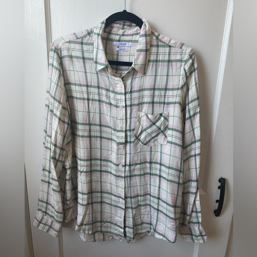 Soft White and Green Plaid Shirt